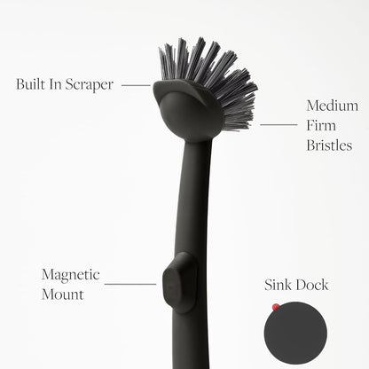 Earth & Mango Magnetic Dish Brush & Scraper, Snaps to Sink, Non-Scratch, Dishwasher Safe, Dish Scrubber – Onyx Black