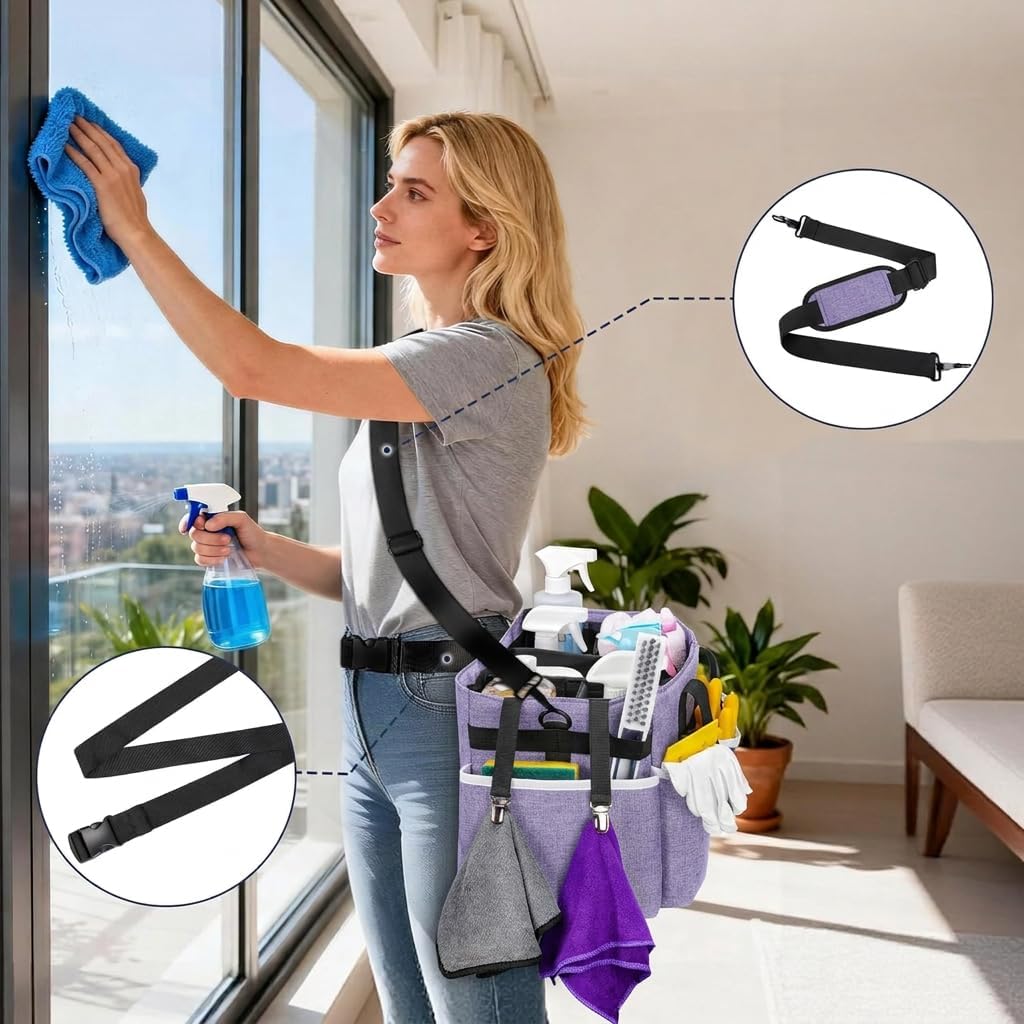 Ytonet Wearable Cleaning Caddy Bag, Large Cleaning Supplies Organizer with 4 Foldable Dividers, Kitchen Caddy Organizer with Handle & Adjustable Shoulder Straps for Cleaners & Housekeeper, Blue