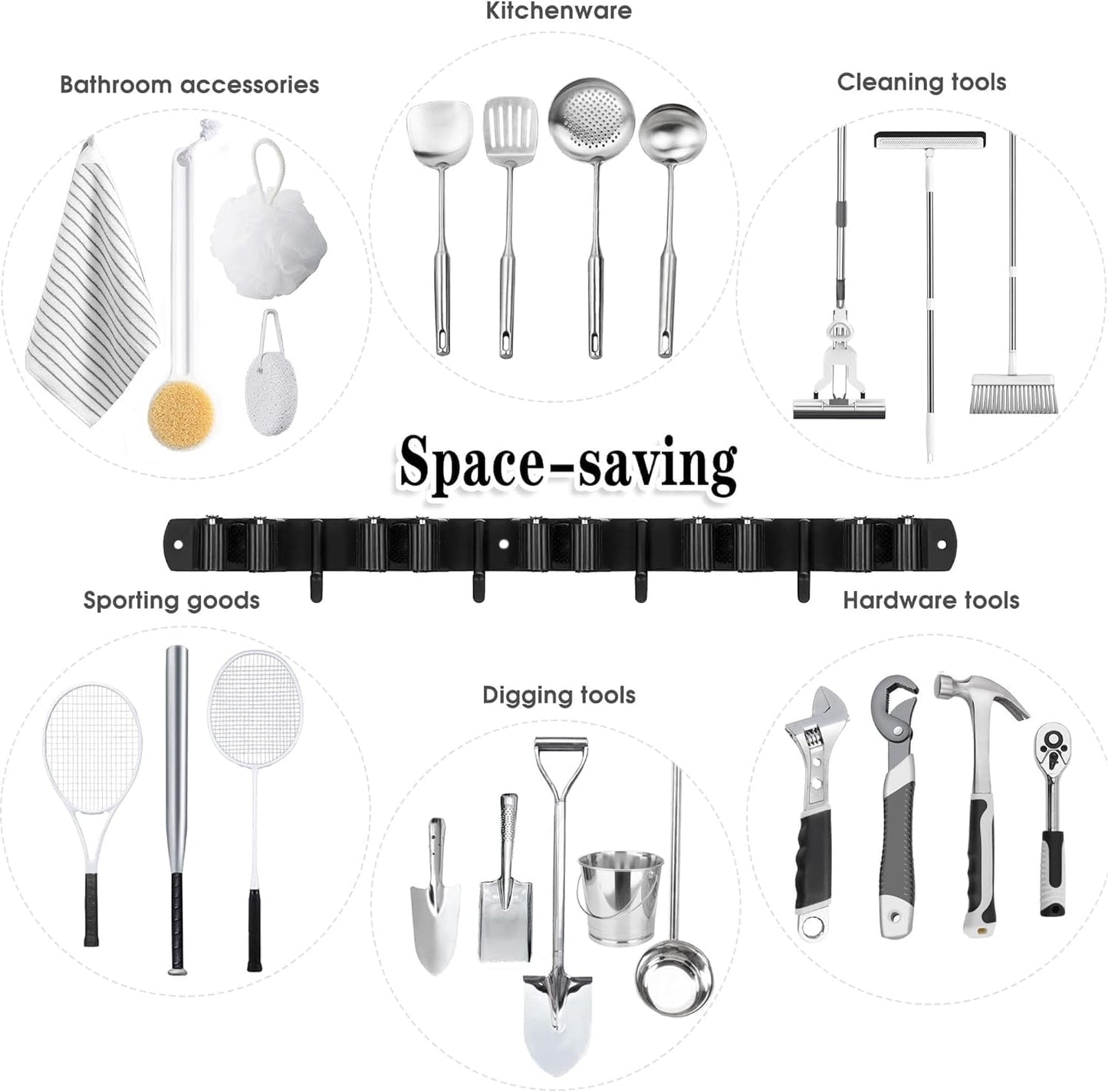 AceMining 5 Racks and 4 Hooks Mop and Broom Holder Wall Mount, Broom Organizer Storage Tool Racks Stainless Steel Heavy Duty Hooks Self Adhesive Solid Non-slip for Home Kitchen Garden Laundry Garage