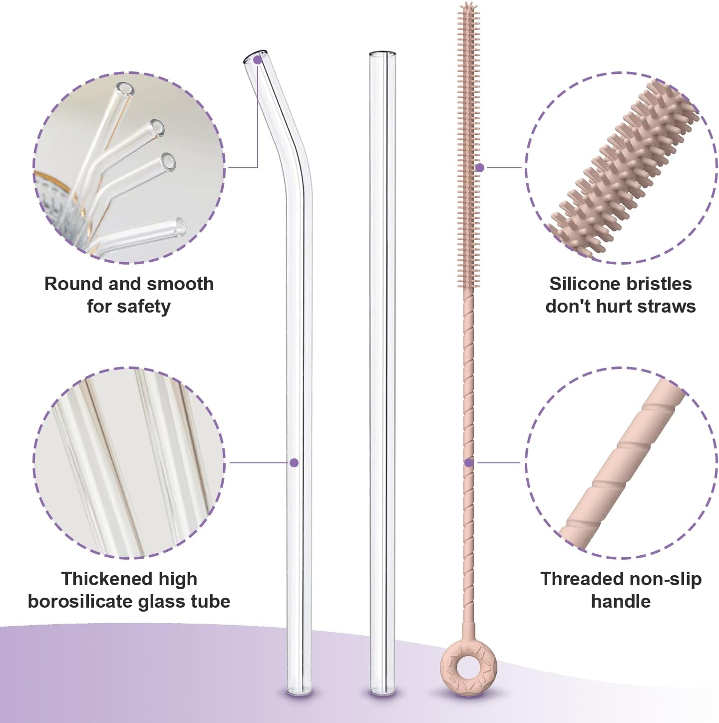 YOTIME 6-Pack Reusable Glass Straws Set, 8.5''x10MM, Set of 3 Straight and 3 Bent with 1 Silicone Cleaning Brush, Perfect for Smoothies, Juice, Milkshake and Coffee (Clear Straws, Pink Brush)