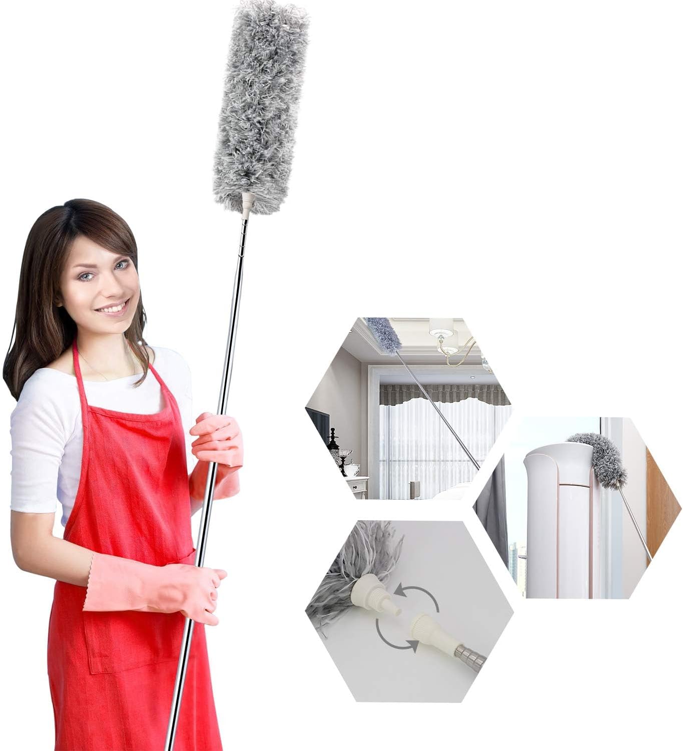 UIMO Microfiber Feather Duster Kit with Extension Pole (30–100") – Bendable Washable Heads, Extendable Dusters for Cleaning Ceiling Fan, High Ceiling, Blinds, Furniture & Cars (5 Pcs)