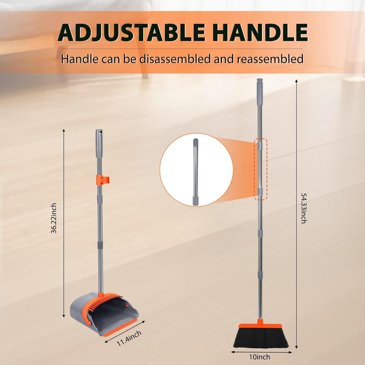 YZO Broom and Dustpan Set, 54.33 Inch Long Handle Standing Design, Dustpan Front Rubber Tight Seal, Broom with 5 Layer Bristles, Suitable for Living Room, Bedroom, Yard, Office and Apartment(Green)