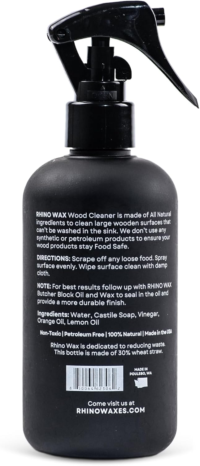 Rhino Wax Butcher Block Cleaning Kit - Includes Cutting Board Wood Spray Cleaner, Bench Scraper, Microfiber Cloth - for Butcher Block Countertops, Islands, Large Cutting-Boards - Natural - Food Safe
