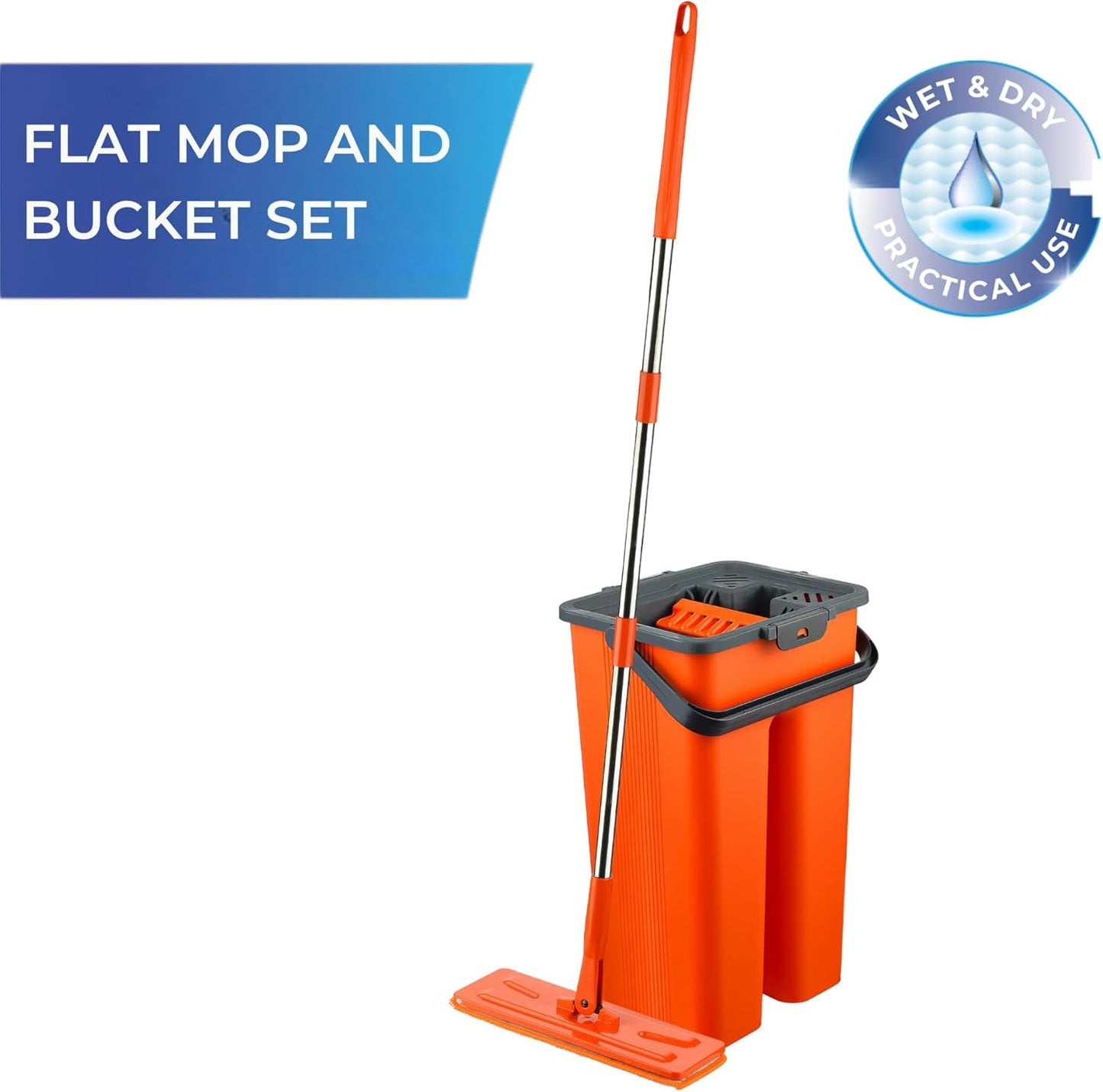 Macromax Flat Mop and Bucket Set – 100% Microfiber Mop with Dual Wet & Dry Use – Slim Design for Corners & Under Furniture – Easy-Squeeze Bucket for Hardwood, Tile & Laminate Floors