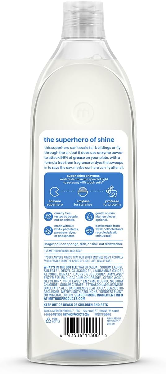 Method Super Shine Liquid Dish Soap, Powered by Enzymes, Coastal Citron Scented, 16 fl oz