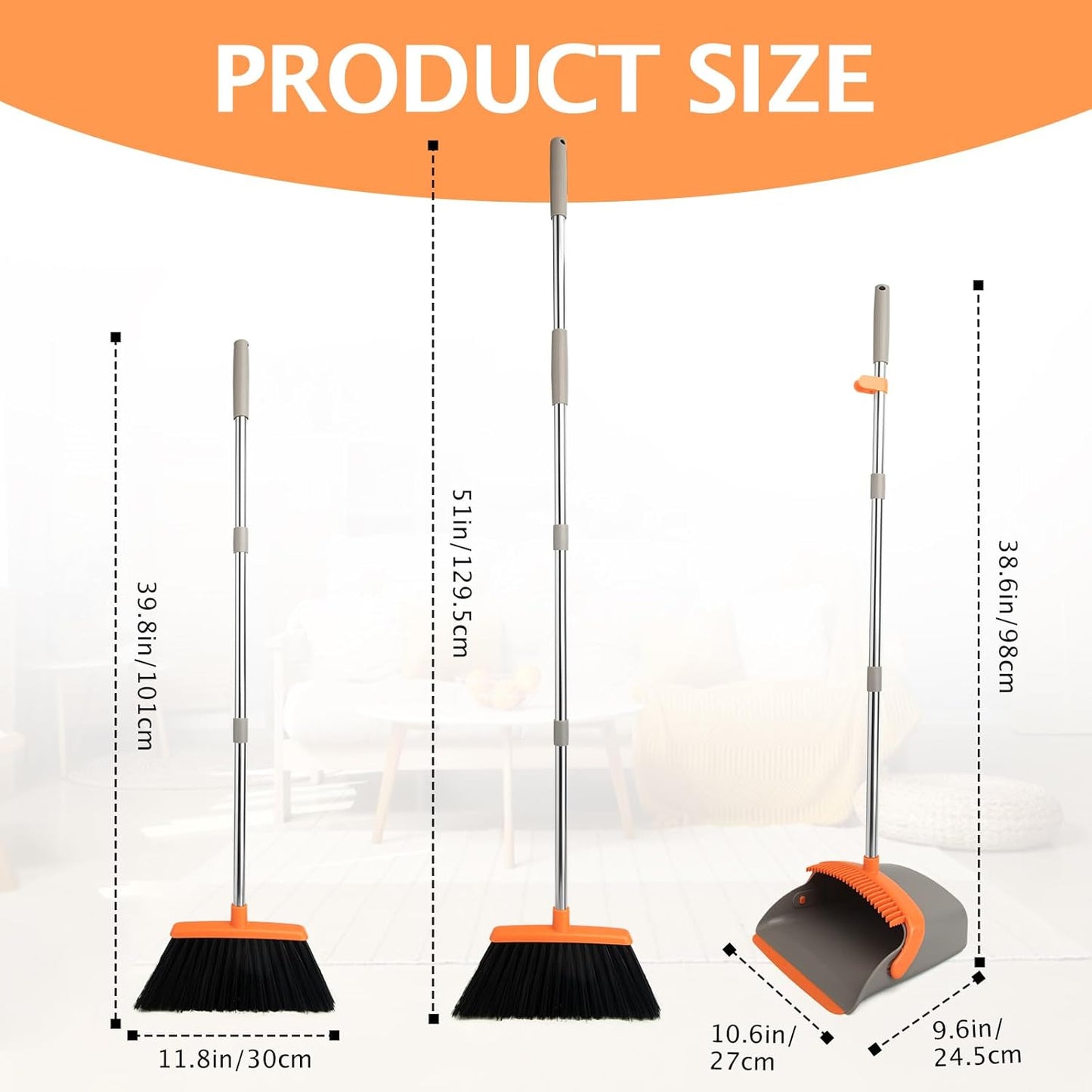 Broom and Dustpan Set, Long Handle Lightweight Dustpans with Broom Combo for Home, Indoor&Outdoor Sweeping for Home Room Kitchen Office Lobby (Charcoal)