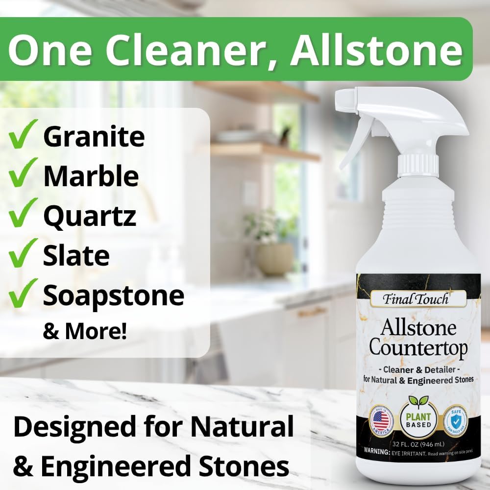 Final Touch AllStone Countertop Cleaner – Plant-Based Stone Safe Cleaning Spray with Scrub Brush – Daily Use Cleaner for Granite, Quartz, Marble, Kitchen Counters – Streak-Free Detail Clean