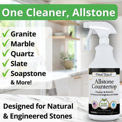 Final Touch AllStone Countertop Cleaner – Plant-Based Stone Safe Cleaning Spray with Scrub Brush – Daily Use Cleaner for Granite, Quartz, Marble, Kitchen Counters – Streak-Free Detail Clean