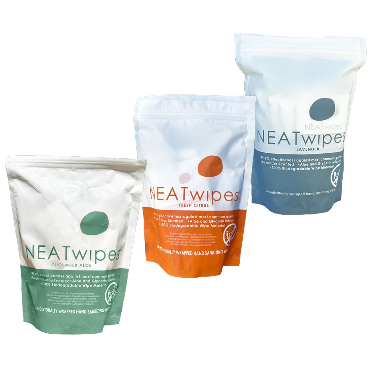 NEATwipes Hand Sanitizing Wipes | Travel Size | Disposable Wet Wipe & Planet Friendly | Lavender Essential Oil & Soothing Aloe | 24 Individually Wrapped Wipes per Package