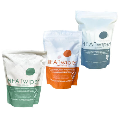 NEATwipes Hand Sanitizing Wipes | Travel Size | Disposable Wet Wipe & Planet Friendly | Lavender Essential Oil & Soothing Aloe | 24 Individually Wrapped Wipes per Package