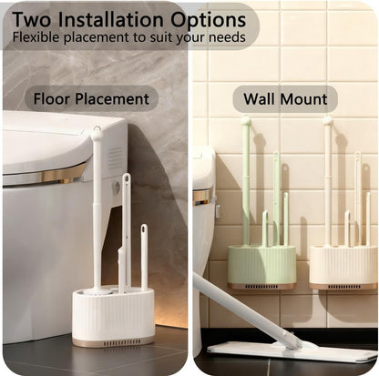 4 in 1 Toilet Cleaner Brush Toilet Bowl Brush and Holder Set Silicone Toilet Brush，Stuff Floor Standing or Wall Mounted Toilet Scrubber Without Drilling (Light Green)