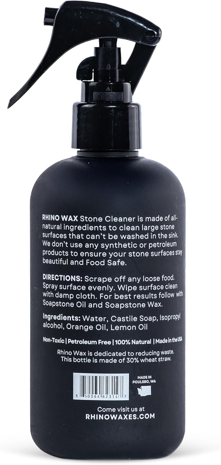 Rhino Wax Soapstone Spray Cleaner - Safely Clean Soap Stone, Slate, Granite, Quartz, Marble, Concrete - Food Safe - Natural Ingredients - Fresh Orange & Lemon Scent Neutralizes Odors - Made in USA
