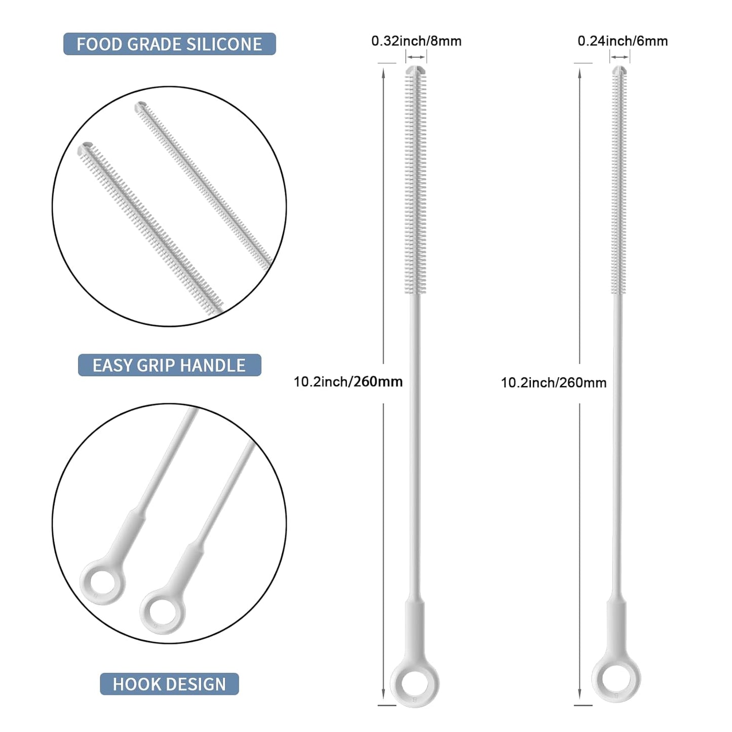 Reusable Silicone Straw Cleaner Brush Set, 2-Pack Extra Long Straw Cleaning Brush for Metal Glass Water Bottle Drinking Straws, Flexible&Bendable Design, Dishwasher Safe, 6mm & 8mm Diameter