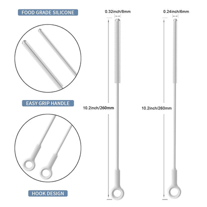 Reusable Silicone Straw Cleaner Brush Set, 2-Pack Extra Long Straw Cleaning Brush for Metal Glass Water Bottle Drinking Straws, Flexible&Bendable Design, Dishwasher Safe, 6mm & 8mm Diameter