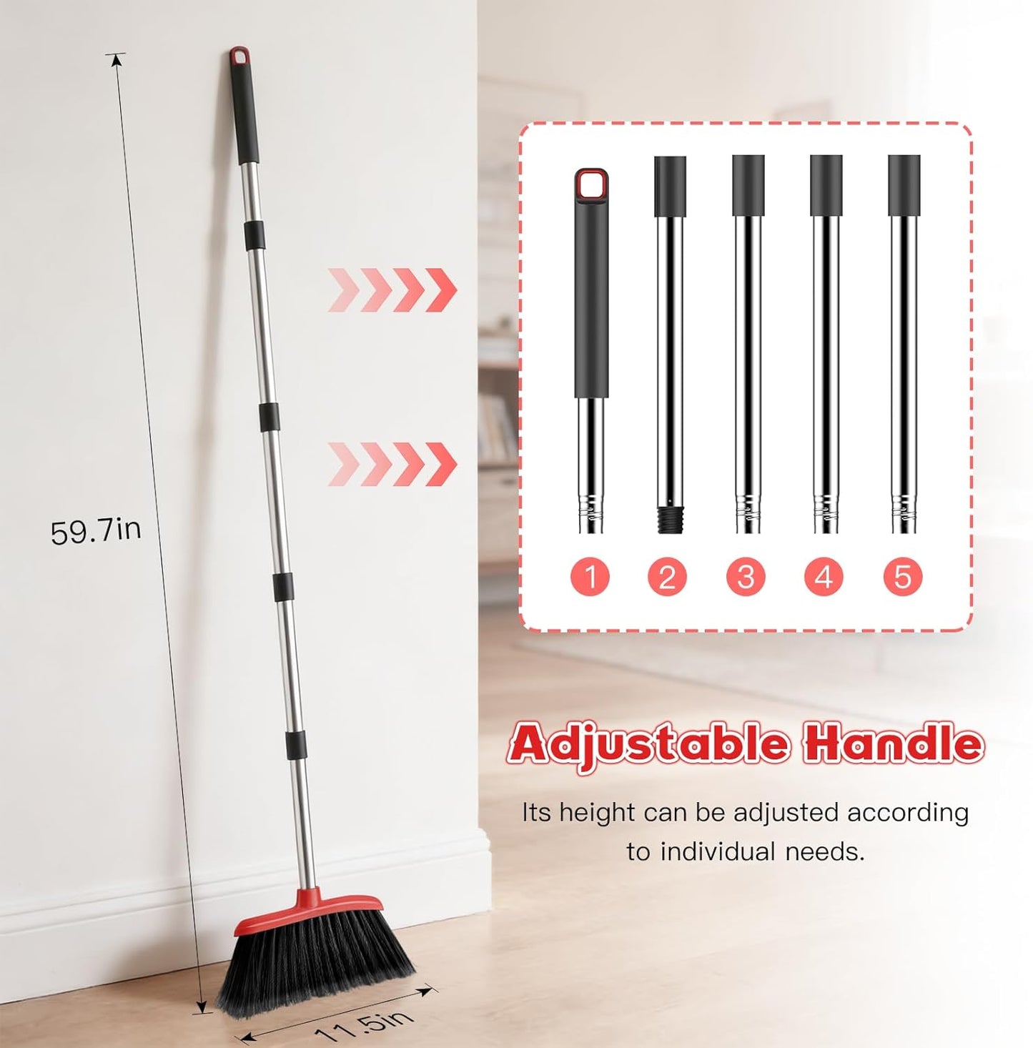 Broom and Step-on Dustpan Set, 59-in Adjustable Long Handle Broom with Dustpan Combo Set Outdoor Angle Broom for Sweeping Indoor Dust Pet Hair for Cleaning Kitchen Garage Deck Patio, Black&Red