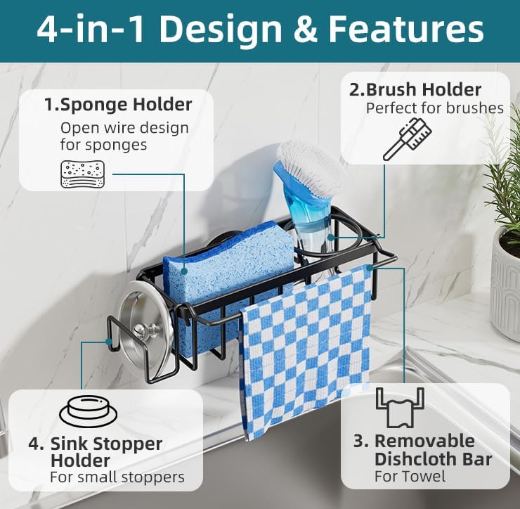 TAILI 4-in-1 Sink Caddy with Strong Suction Cup, Sponge Holder for Kitchen Sink Organizer, Removable, Rustproof, Stainless Steel Holder for Sponge, Brush, Scrubber, Scraper - Silver