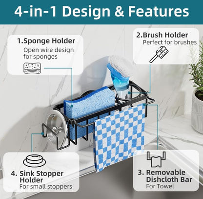 TAILI 4-in-1 Sink Caddy with Strong Suction Cup, Sponge Holder for Kitchen Sink Organizer, Removable, Rustproof, Stainless Steel Holder for Sponge, Brush, Scrubber, Scraper - Silver