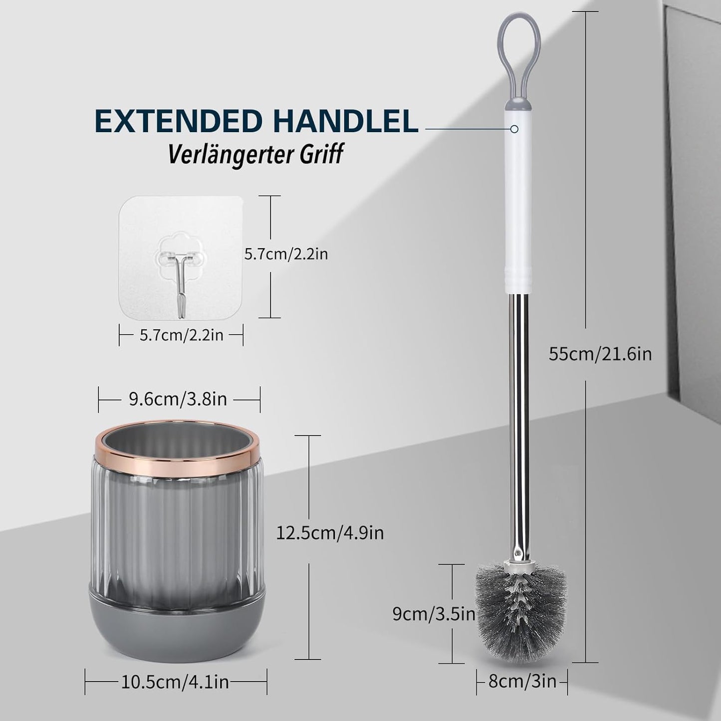Toilet Bowl Brush and Holder 2 Pack Long Handle Toilet Brush for Bathroom with Separate Base for Floor and Wall Mounted Plastic Toilet Brush Set Under The Rim Household Cleaning (White)