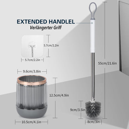 Toilet Bowl Brush and Holder 2 Pack Long Handle Toilet Brush for Bathroom with Separate Base for Floor and Wall Mounted Plastic Toilet Brush Set Under The Rim Household Cleaning (White)