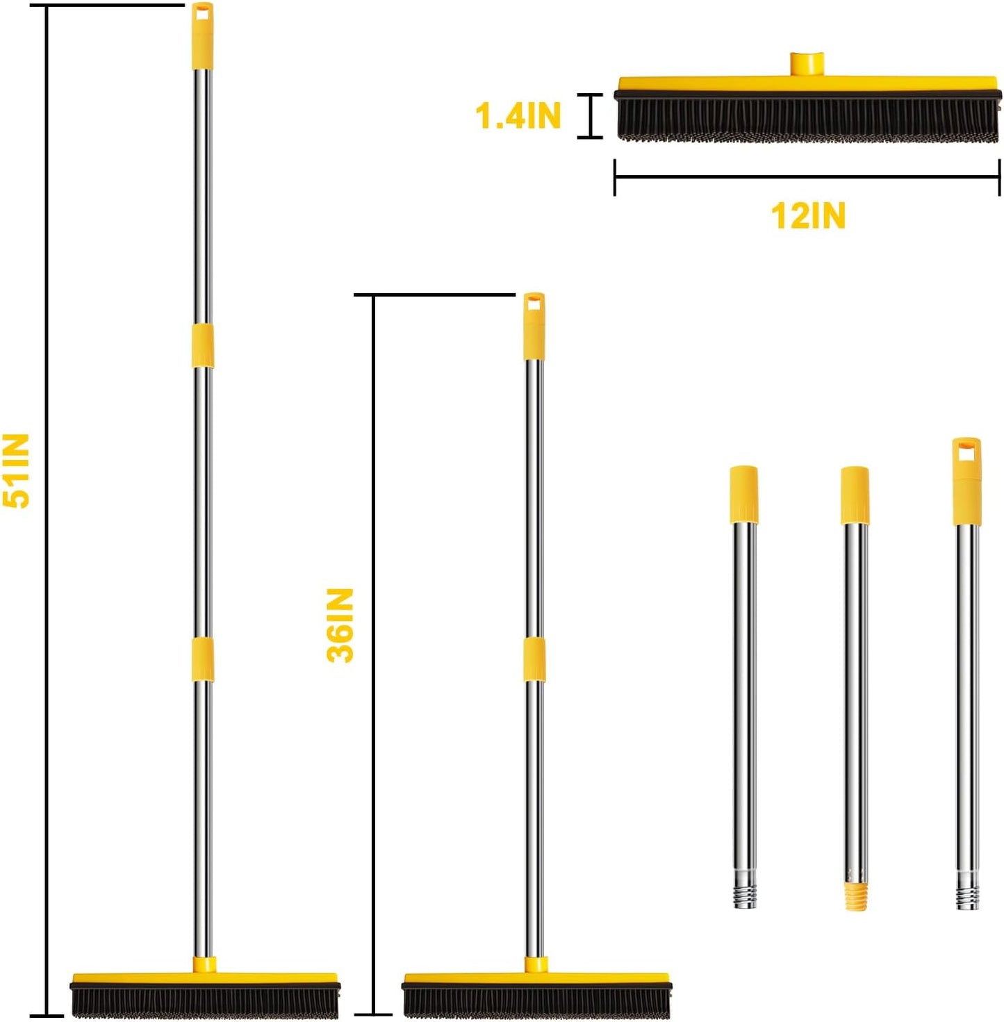Rubber Broom for Pet Hair Removal, Carpet rake with Squeegee for Cleaning Pet Hair, 52 inch Long Handle Rubber Broom,Dual-Sided for Small Fluff Carpet, Hardwood Floor, Tile,Orange