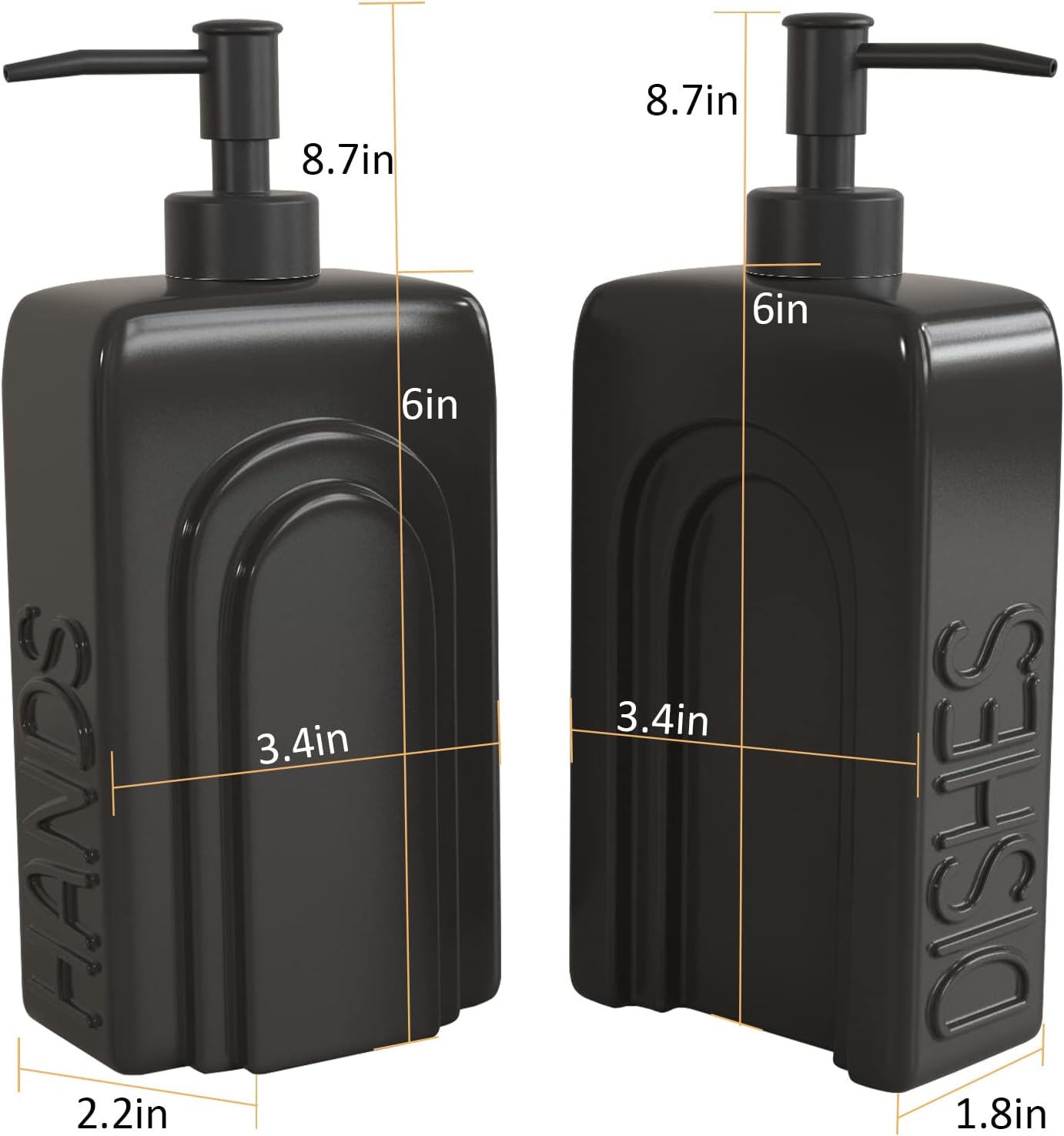 Soap Dispenser Set with Stainless Steel Pump, 2 Pack Ceramic Refillable Dish Soap and Hand Soap Dispenser for Kitchen, Bathroom, Matte White