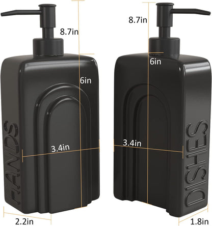 Soap Dispenser Set with Stainless Steel Pump, 2 Pack Ceramic Refillable Dish Soap and Hand Soap Dispenser for Kitchen, Bathroom, Matte White