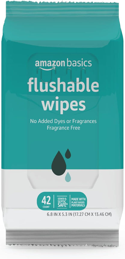 Amazon Basics Adult Wet Wipes Flushable formulated without Fragrance, 126 Count (3 Packs of 42) Packaging May Vary