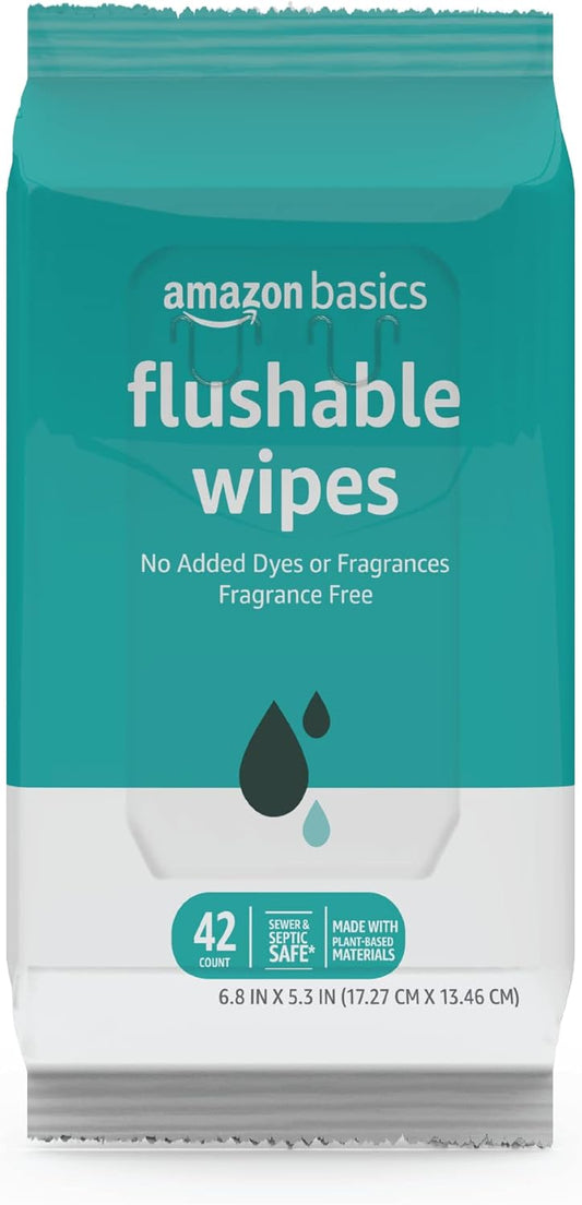 Amazon Basics Adult Wet Wipes Flushable formulated without Fragrance, 126 Count (3 Packs of 42) Packaging May Vary