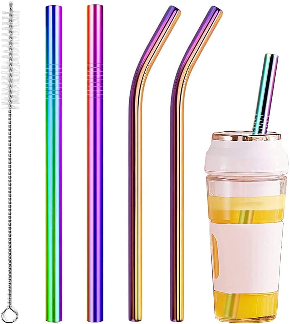 Vinaco Stainless Steel Smoothie Straws, 0.4'' Extra Wide Reusable Metal Drinking Straws for Milkshake, Smoothie, Beverage, Set of 4 with 1 Cleaning Brush