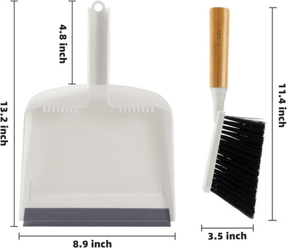SUBEKYU Dustpan and Brush Set with Bamboo Handle, Hand Mini Broom and Dustpan Set, Small Broom and Dustpan Set for Kitchen/Desktops/Bedroom, White, 1 Set