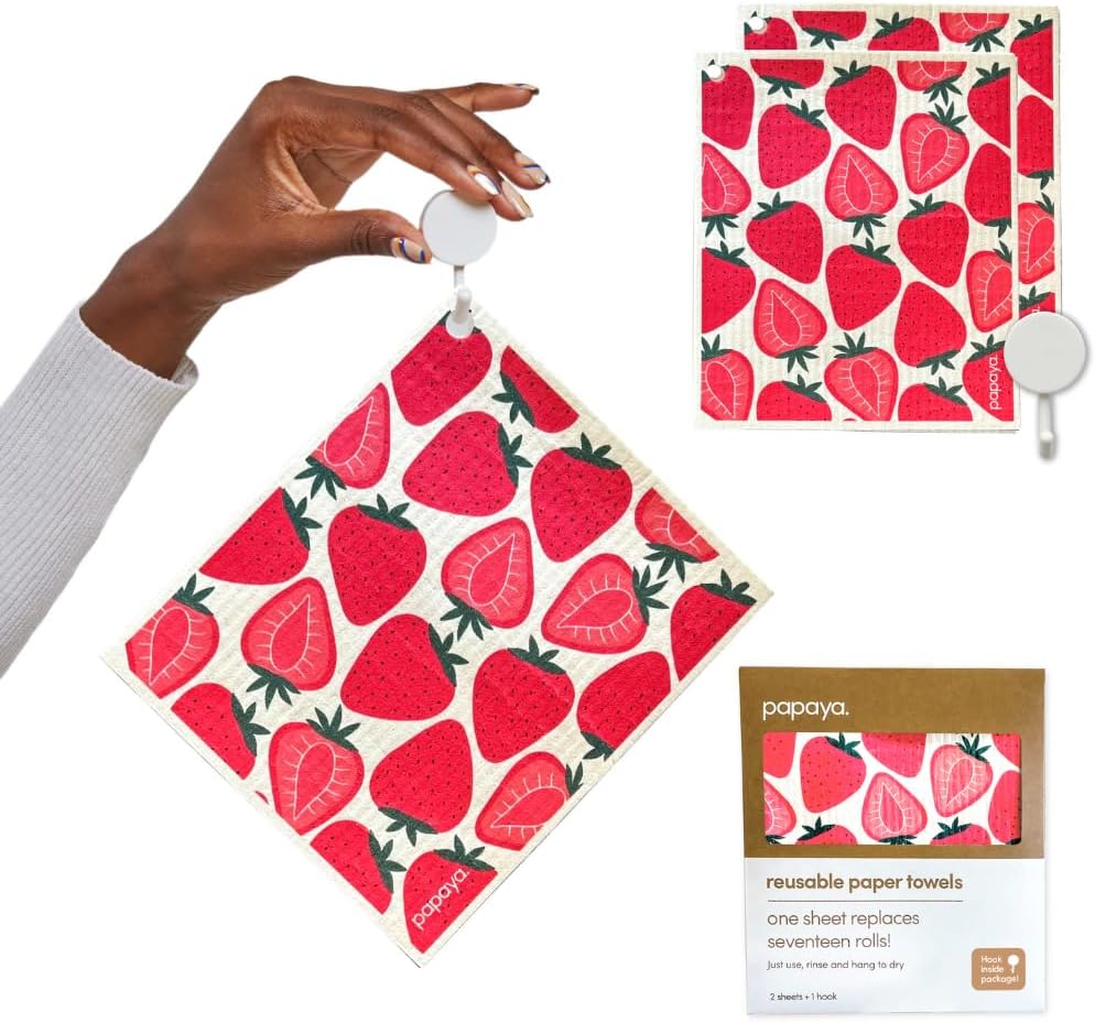 Papaya Reusable Paper Towels, Premium Swedish Dishcloths with Hook, Non-Scratch Reusable Paper Towel, 1 Sheet Replaces 17 Rolls - 2 Sheets, 1 Hook