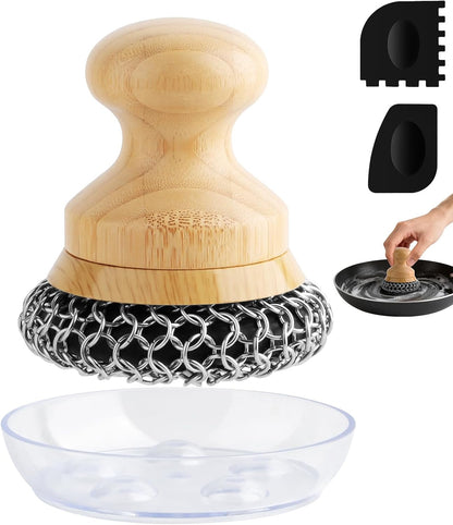 Cast Iron Scrubber and Scraper,Chain Mail Cleaner with Bamboo Handle & Draining Tray,316 Stainless Steel Brush for Cleaning Pots,Pans,Wok,Bakeware,Griddles, Grills,Dishes (Small Chain Mail)