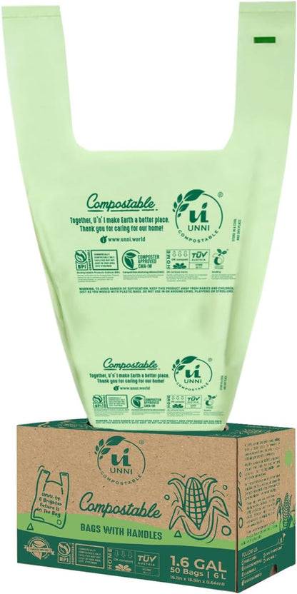 UNNI 13 Gallon Compostable Trash Bags with Tie Handles, 30 Count Small Food Scrap Kitchen Compost Bags for Countertop Bin, Certified by BPI, CMA & OK compost HOME, Meets ASTM D6400