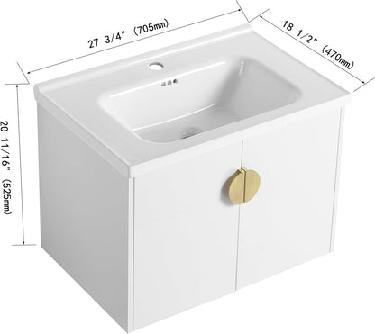 SSLine Modern 24-Inch Bathroom Vanity with Sink Wall Mounted Bathroom Vanity with Top Basin & Storage Cabinet White Wood Floating Vanity w/Ceramic Sink & Gold/Black Handles for Small Space
