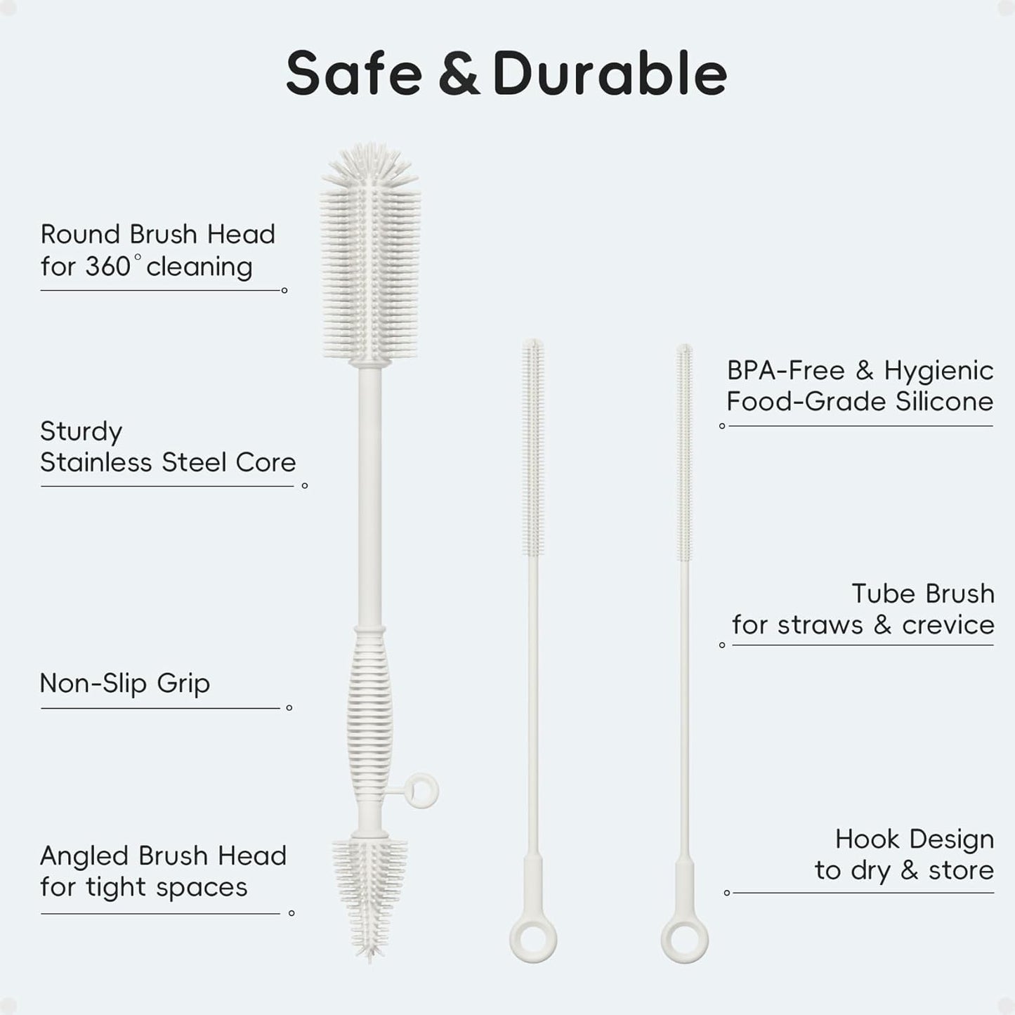 Reusable Silicone Straw Cleaner Brush Set, 2-Pack Extra Long Straw Cleaning Brush for Metal Glass Water Bottle Drinking Straws, Flexible&Bendable Design, Dishwasher Safe, 6mm & 8mm Diameter