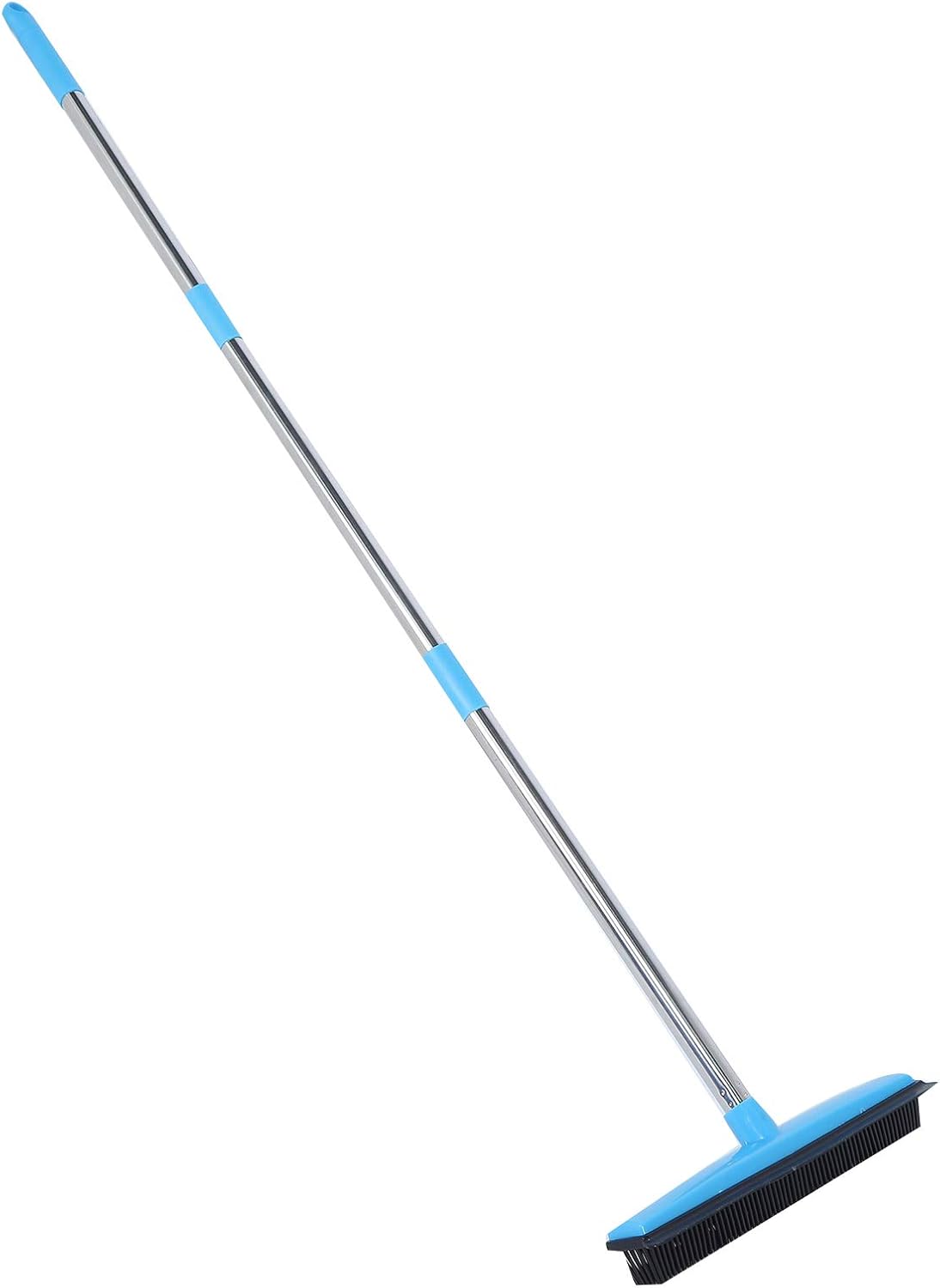 Telescopic Rubber Broom with Squeegee, Multifunction Adjustable Pet Hair Removal Carpet Rake for Fluff Rug Hardwood Floor (Black)
