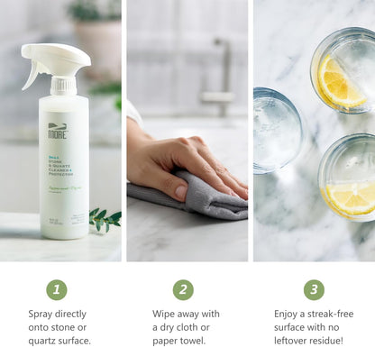 MORE Stone & Quartz Cleaner + Protector - Water-Based Surface Spray - Granite, Quartz & Marble Cleaner - For Kitchen & Bathroom Countertops & Floors - Peppermint-Thyme Essential Oil - Pint (16oz)