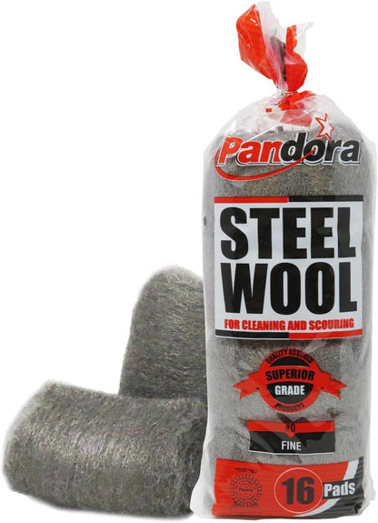 Pandora Steel Wool #2 – Coarse Grade, 16 Pads for Cleaning and Removing - Quality Metal Strands - Ideal to Remove Floor Scuff Marks and Old Wax