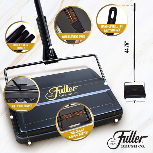 Fuller Brush Electrostatic Carpet & Floor Sweeper with Additional Rubber Rotor - 9" Cleaning Path - Lightweight - Ideal for Crumby & Wet Messes - Works On Carpets & Hard Floor Surfaces (Gray)