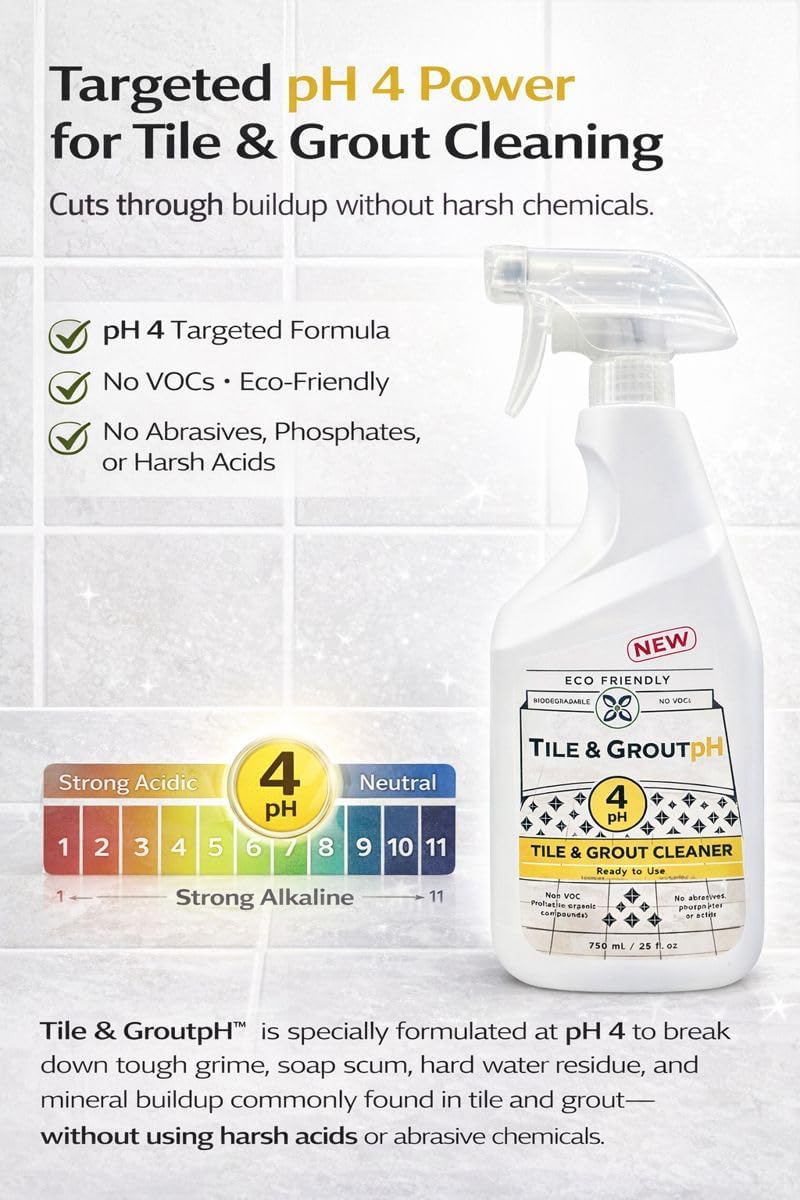 Tile & Grout pH – Eco-Friendly Acidic Tile & Grout Cleaner (pH 4) – Removes Hard Water, Soap Scum & Grime – No VOCs, Biodegradable, 25 fl oz