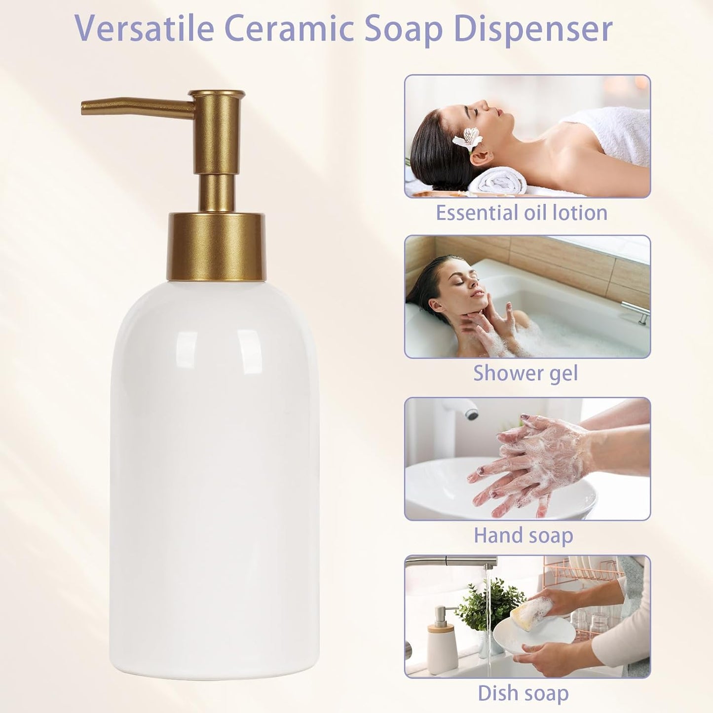 Natheeph Dish Soap Dispenser, Hand Soap Dispenser Ceramic Bottle, Refillable Liquid Great for Kitchen Dish Soap, Hand Soap, Essential Oil & Lotion (Bright White)