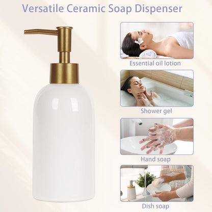 Natheeph Dish Soap Dispenser, Hand Soap Dispenser Ceramic Bottle, Refillable Liquid Great for Kitchen Dish Soap, Hand Soap, Essential Oil & Lotion (Bright White)