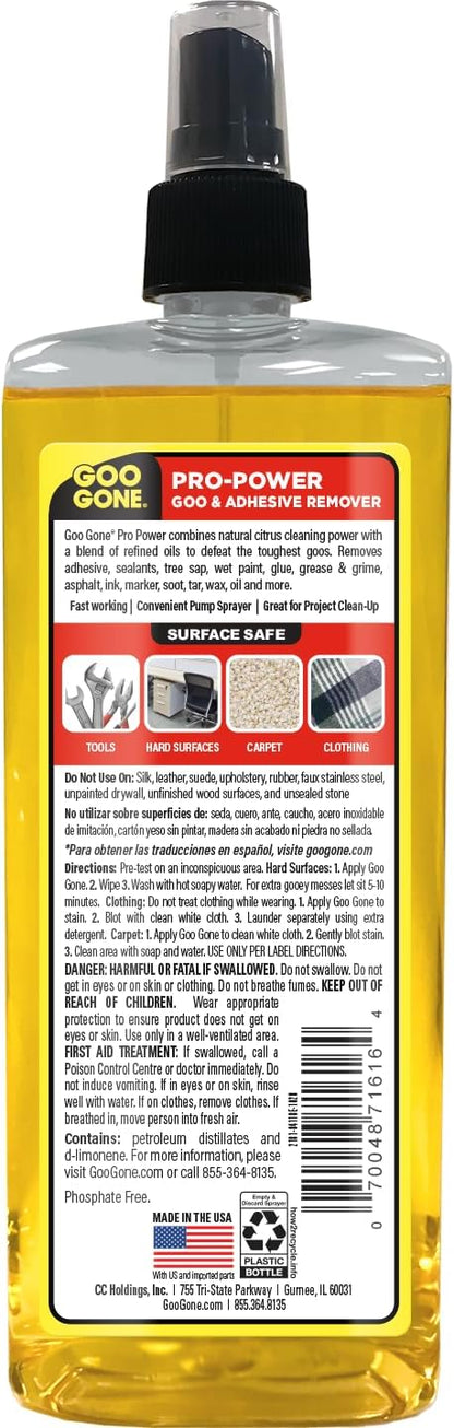 Goo Gone Spray Pro-Power Adhesive Remover with Scraper, Professional Strength, Easily Removes Wood Glue, Grease, Tar, Stickers, Goos, Wet Paint & Grime, Surface Safe, Fast Working, 16 Fl Oz