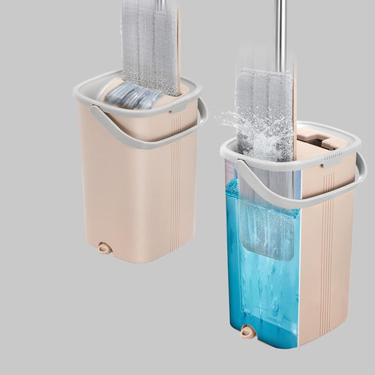 Squeeze Mop and Bucket Set with 4 Microfiber Mop Pads for Floor Cleaning, Flat Mop and Bucket with Wringer Set, Wall and Baseboard Cleanering Mop with a Holder