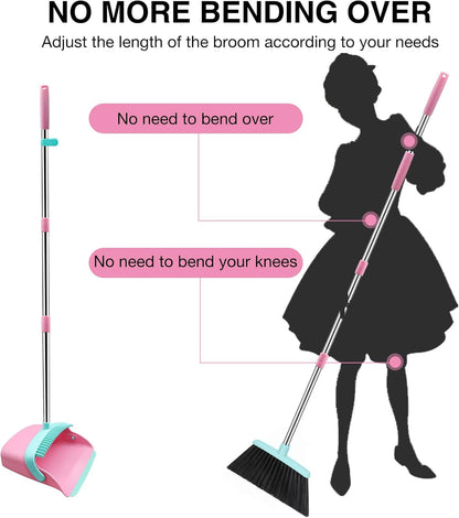 NACENA Broom and Dustpan Set, 52-in Long Adjustable Handle Broom Dustpan Combo with Dustpan Teeth to Automatically Clean Hair Suitable for Home Kitchen Office Hall Floor（Black&Red）