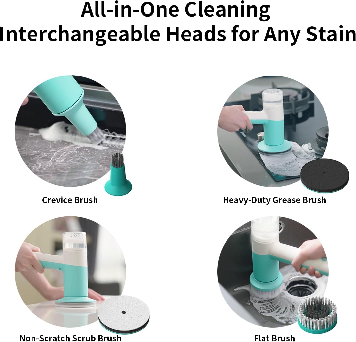 Dual-Rotation Electric Scrubber - IPX5 Waterproof Multi-Surface Cleaning Brush for Bathroom, Kitchen, Tile, Glass & More - Includes 4 Brush Heads (Nylon/Sponge/Crevice/Flat)