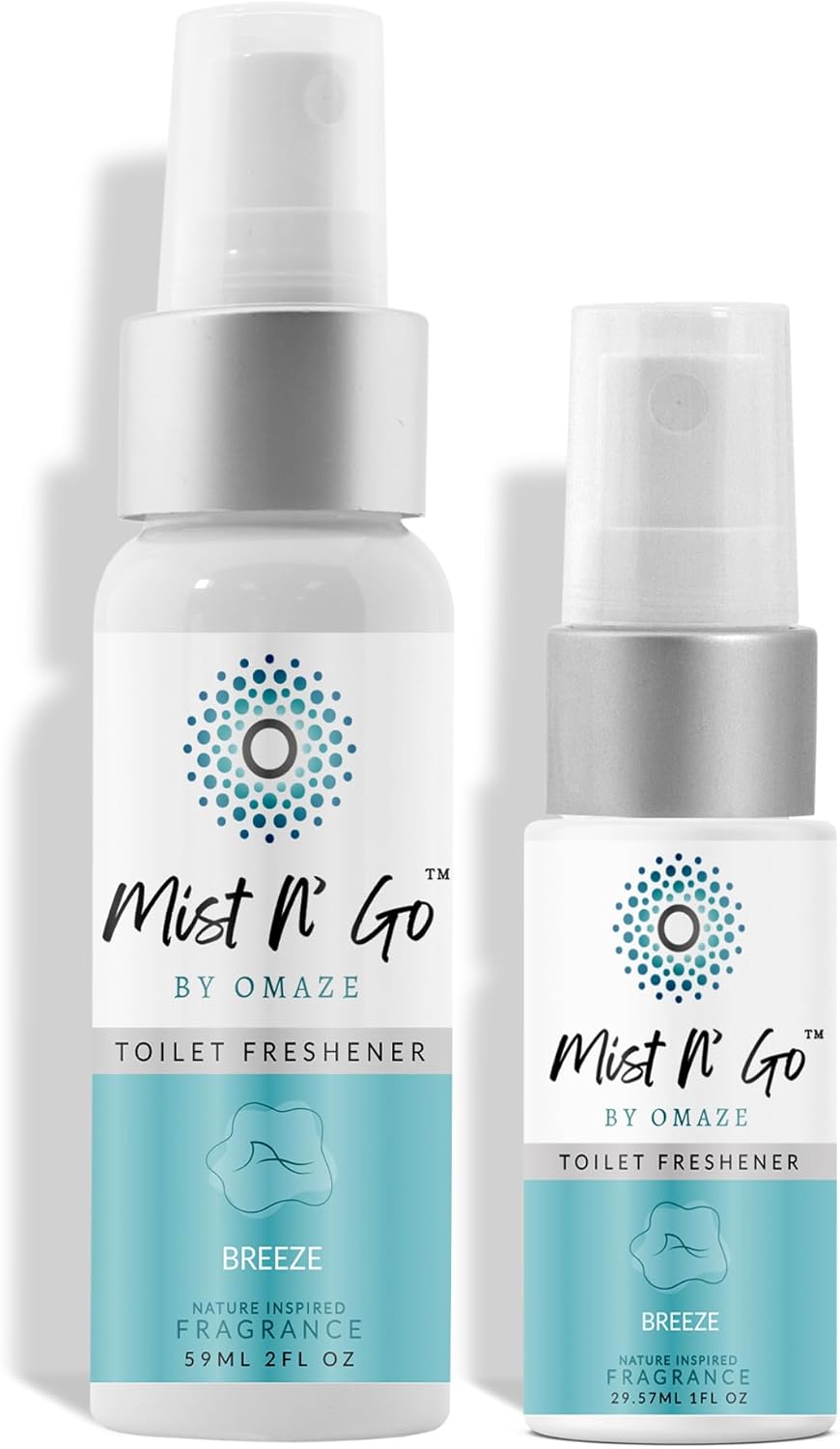 Mist N’ Go by Omaze Travel Bathroom Spray for Toilet Spray Odor Eliminator - Travel Toilet Spray for Bathroom Air Freshener Spray for Bathroom Deodorizer - Clean Mix, Travel Size (1oz x2)