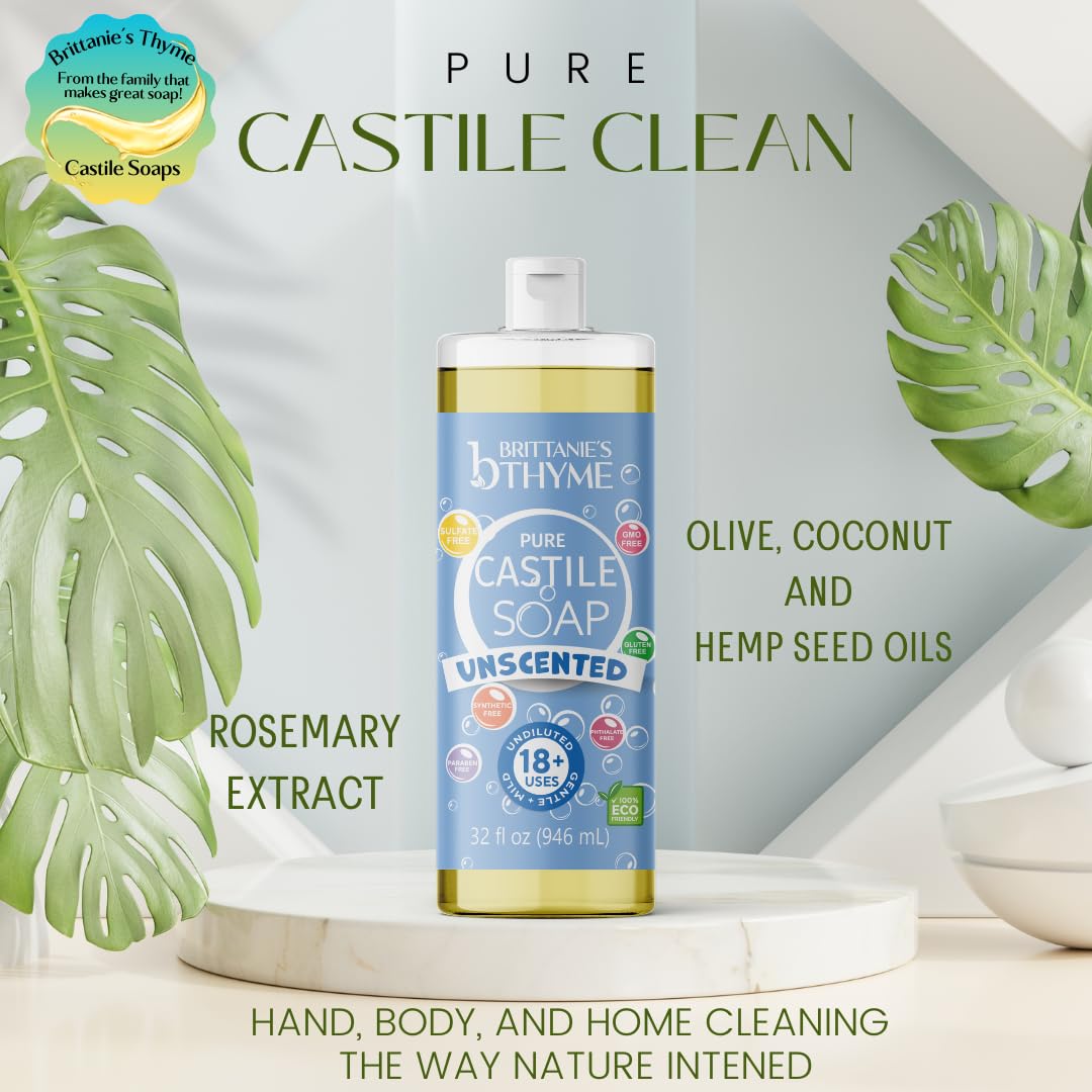 Brittanie's Pure Organic Castile Liquid Olive Oil Soap Refill, 1 Gallon Unscented | Face, Body Wash, All Purpose Cleaner, Dishes, Pets, Laundry | Vegan, Biodegradable, Made in USA