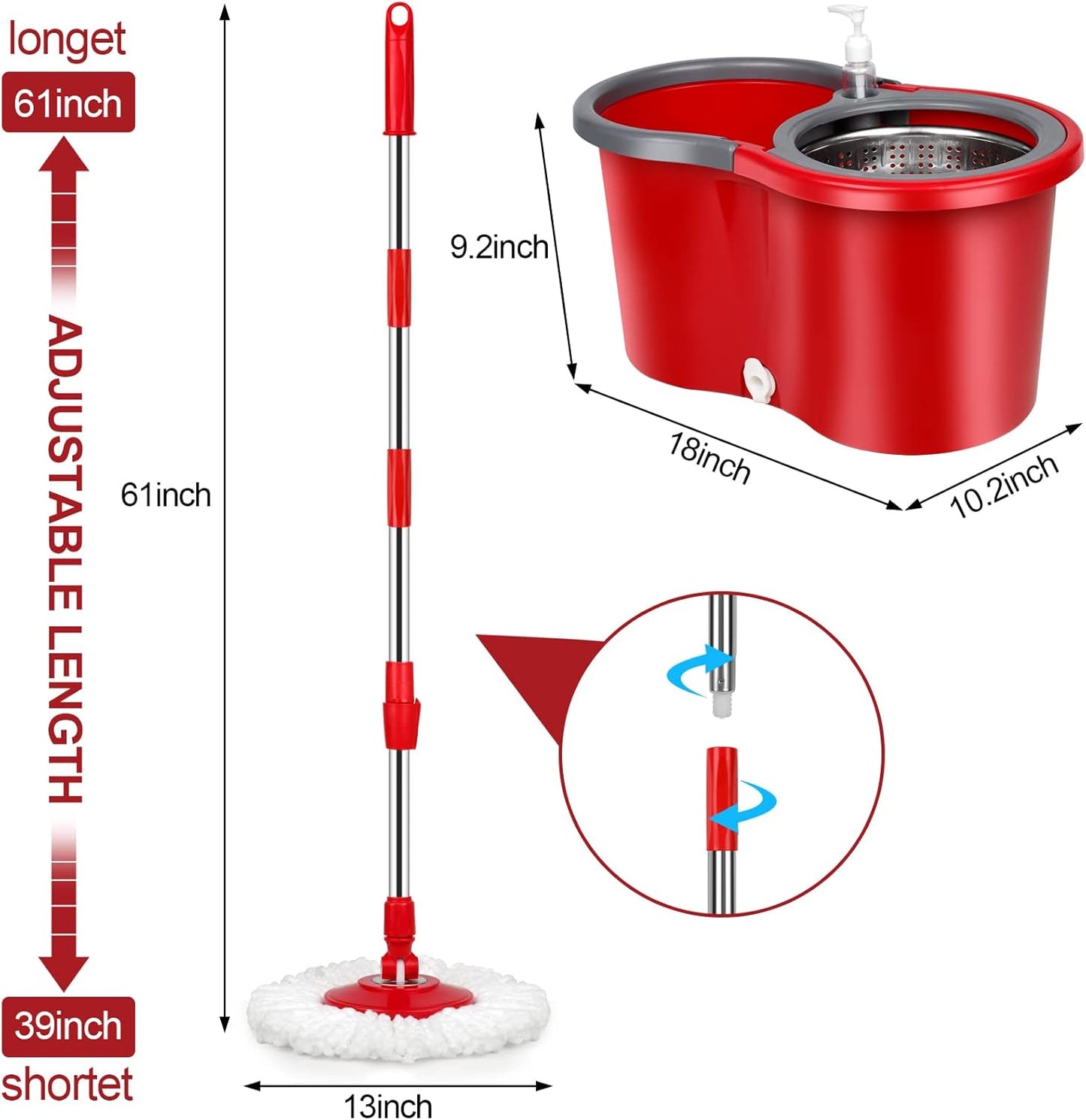 Spin Mop and Bucket Set, 360° Spin Mop and Bucket with Wringer Set and 3 Microfiber Mop Refills, Stainless Steel 61" Extended Handle Spinning Mop Bucket System for Floor Cleaning