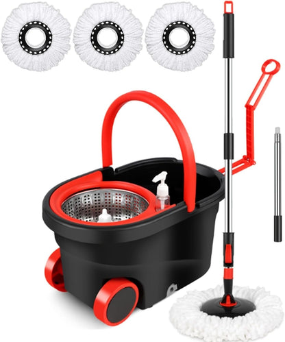360° Spin Mop and Bucket System with Wringer - 61" Stainless Steel Handle & 3 Microfiber Refills, Self-Cleaning Floor Mop for Tile, Hardwood, Laminate Floors (Black red)